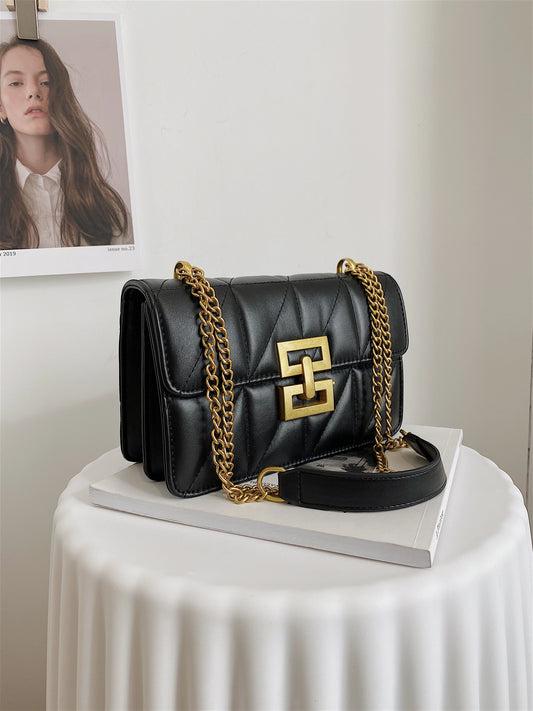 Embroidered PU Small Square Bag – Solid Color Chain Shoulder Bag with Lock Buckle