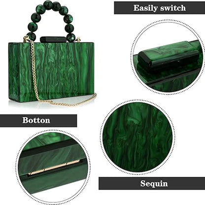 Luxury Pearl Marble Crossbody – Dark Green Acrylic Evening Bag for Women
