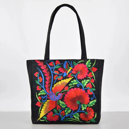 Ethnic Floral Embroidered Canvas Tote – Large Capacity Shoulder Bag for Women