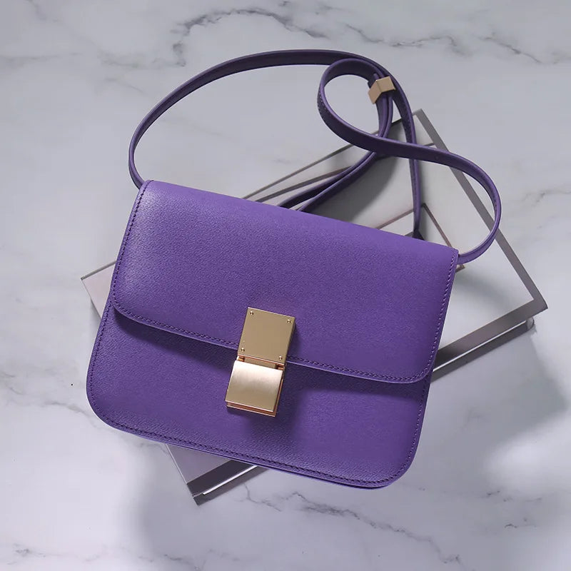 Genuine Leather Tofu Bag – Luxury Purple Shoulder & Crossbody Handbag for Women