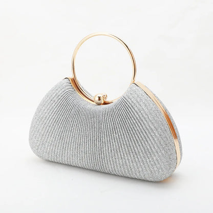Silver Wrinkled Ring Clutch – Diamond-Studded Mini Evening Bag with Chain Strap