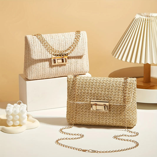 Woven Straw Shoulder Bag – Handwoven Solid Color Crossbody Purse with Lock Closure