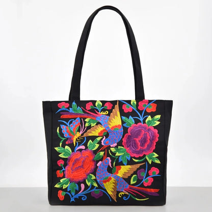 Ethnic Floral Embroidered Canvas Tote – Large Capacity Shoulder Bag for Women