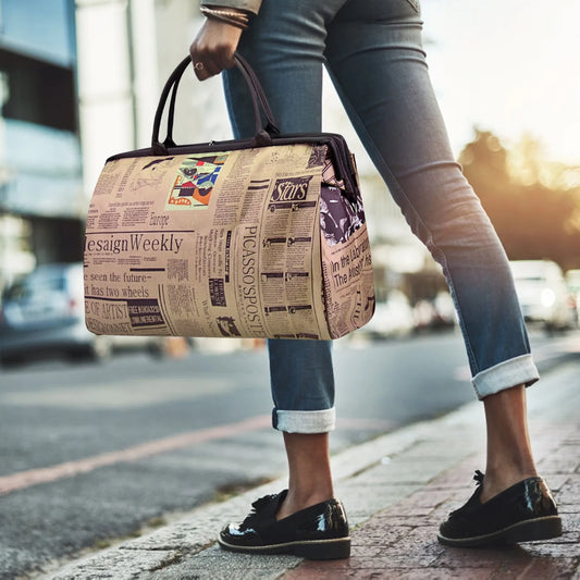 Vintage Print Travel Bag – Large Newspaper Shoulder Tote for Women