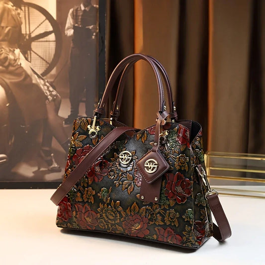 Vintage Floral Leather Tote – Luxury Fashion Crossbody Handbag for Women