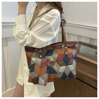 Vintage Patchwork PU Tote – Large Capacity Casual Shoulder Bag for Women