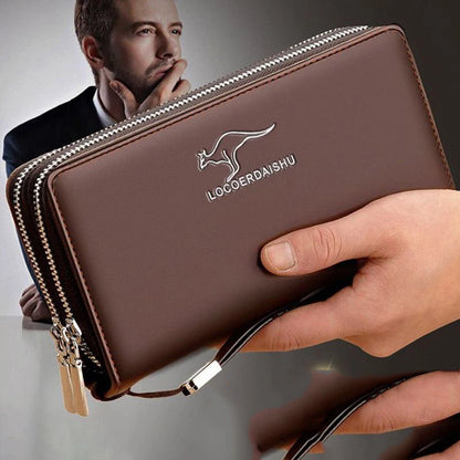 Men’s Leather Business Wallet – Double Zipper Clutch with Large Capacity