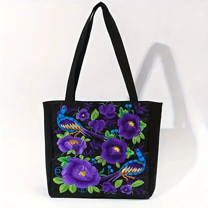 Ethnic Floral Embroidered Canvas Tote – Large Capacity Shoulder Bag for Women