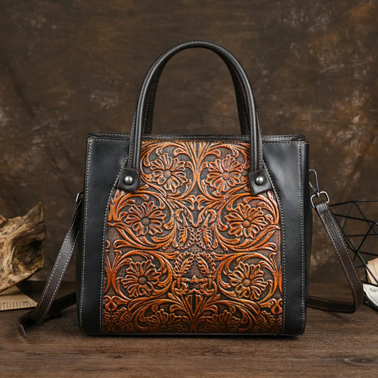 Floral Leather Tote – Handmade Vintage Cowhide Shoulder & Crossbody Bag for Women