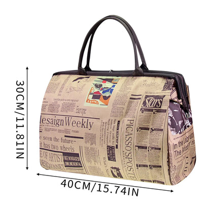 Vintage Print Travel Bag – Large Newspaper Shoulder Tote for Women