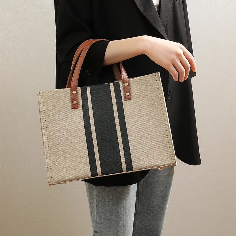 Large Capacity Canvas Handbag – Striped Design