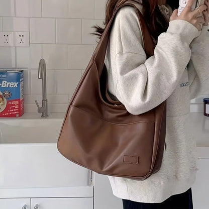 Women Hobo Bag Simple PU Leather Solid Shoulder Bag