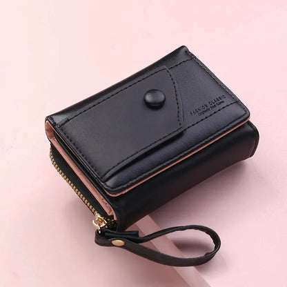 Four Seasons Women’s Short Wallet – Solid Color Zipper Clutch with Buckle for Girls & Students