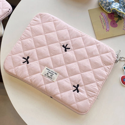 Quilted Fluffy Laptop Sleeve – Diamond Lattice Tablet Bag with Bow Print