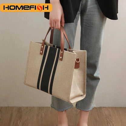 Large Capacity Canvas Handbag – Striped Design