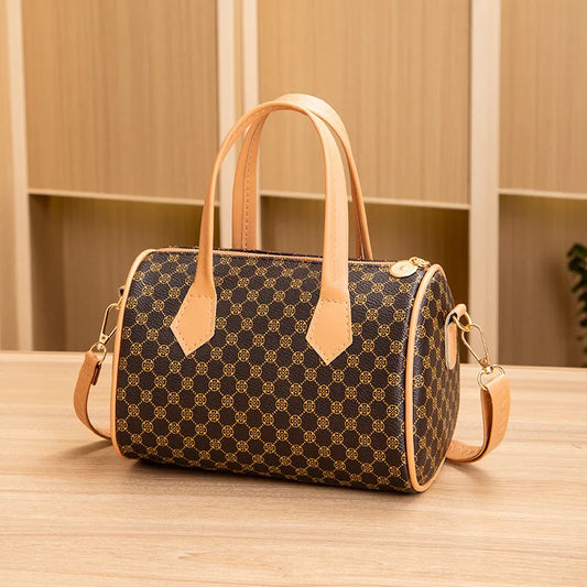 European Retro Boston Barrel Bag – Printed Large-Capacity Crossbody Handbag for Women