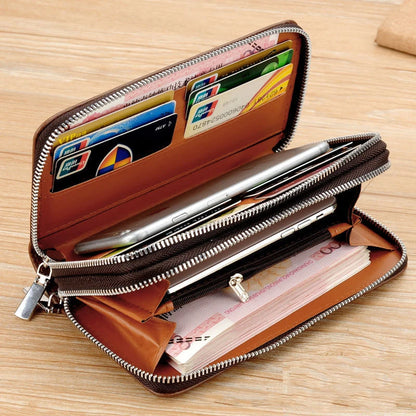 Men’s Leather Business Wallet – Double Zipper Clutch with Large Capacity