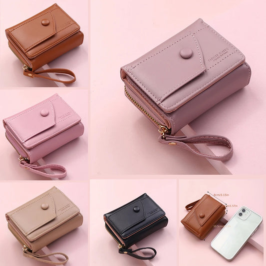 Four Seasons Women’s Short Wallet – Solid Color Zipper Clutch with Buckle for Girls & Students