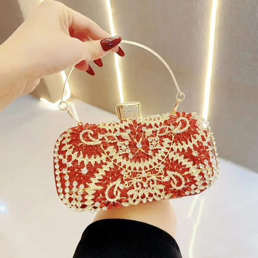 Golden Diamond Clutch – Small Wedding & Party Bag with Chain and Metal Handle