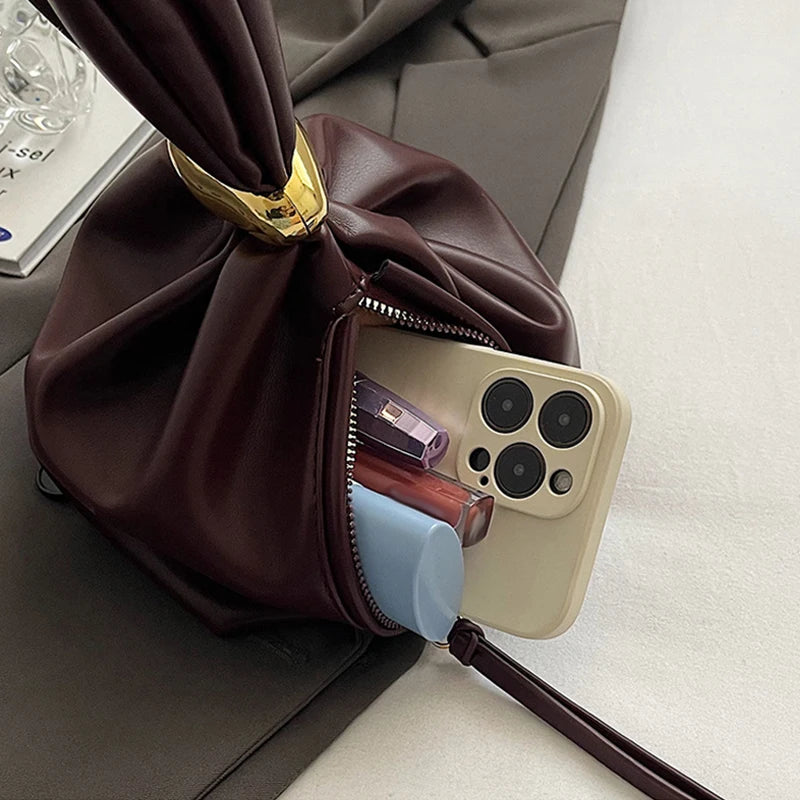 Leather Dumpling Bag – Retro Knotted Clutch & Wristlet for Women