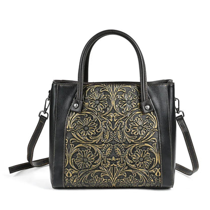 Floral Leather Tote – Handmade Vintage Cowhide Shoulder & Crossbody Bag for Women