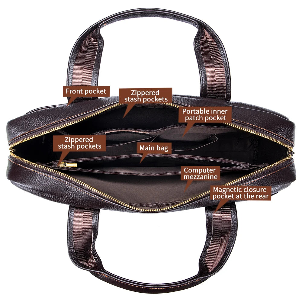 Men’s Top-Grain Leather Briefcase – Cowhide Laptop & Crossbody Office Bag