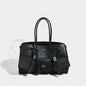 Black Genuine Leather Lock Tote – Trendy Winged Shoulder Bag for Women’s Daily Commute