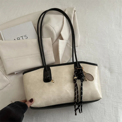 Y2K Solid Leather Tote – Large Capacity Work Shoulder Bag for Women