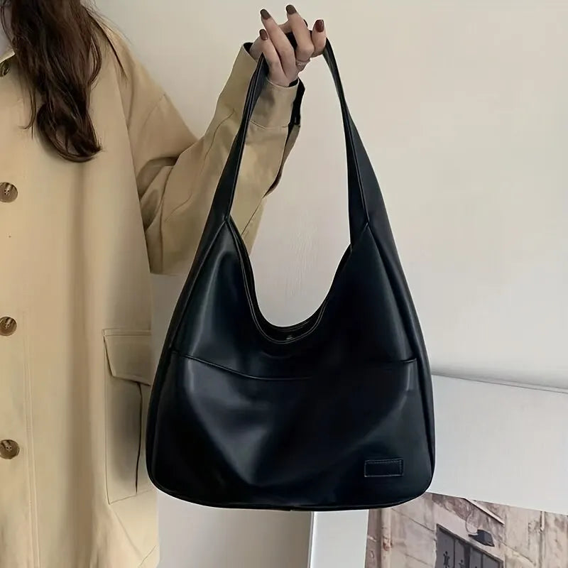 Women Hobo Bag Simple PU Leather Solid Shoulder Bag