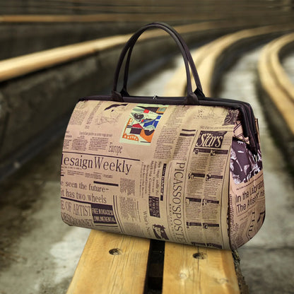 Vintage Print Travel Bag – Large Newspaper Shoulder Tote for Women