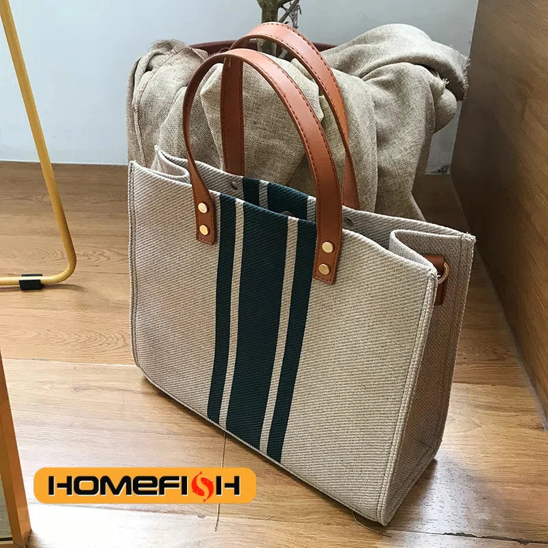 Large Capacity Canvas Handbag – Striped Design
