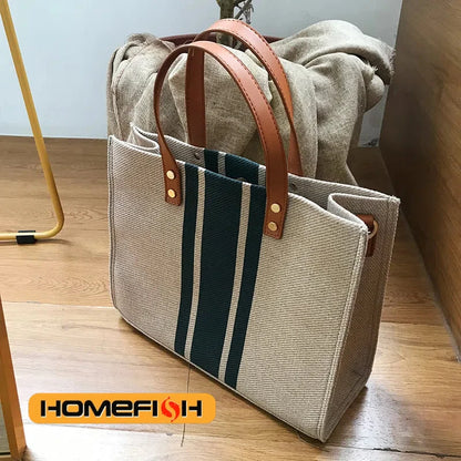 Large Capacity Canvas Handbag – Striped Design