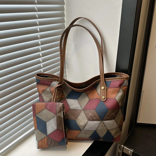 Vintage Patchwork PU Tote – Large Capacity Casual Shoulder Bag for Women