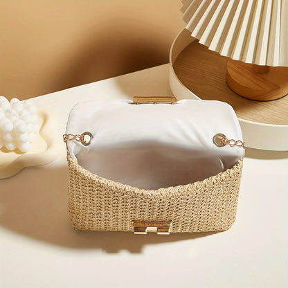 Woven Straw Shoulder Bag – Handwoven Solid Color Crossbody Purse with Lock Closure