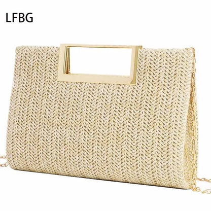 Straw Clutch Purse – Spring/Summer Handbag with Hollow Metal Chain