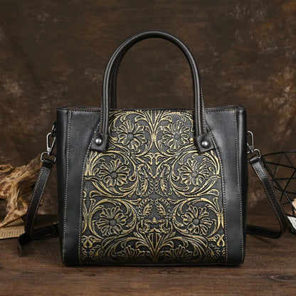 Floral Leather Tote – Handmade Vintage Cowhide Shoulder & Crossbody Bag for Women