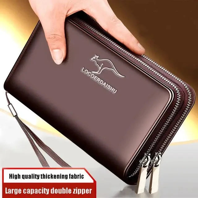 Men’s Leather Business Wallet – Double Zipper Clutch with Large Capacity