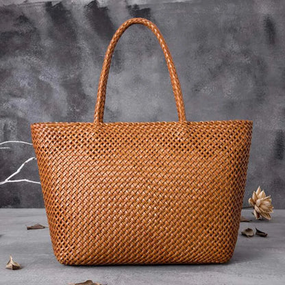 Romantic Woven Leather Tote – Handmade Cowhide Bucket Bag for Women’s Beach & Holiday