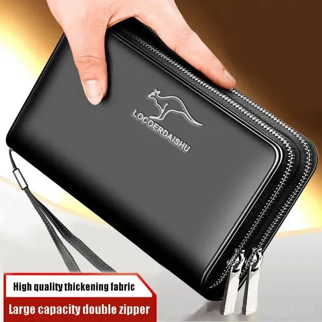Men’s Leather Business Wallet – Double Zipper Clutch with Large Capacity