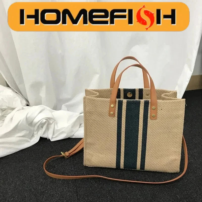 Large Capacity Canvas Handbag – Striped Design