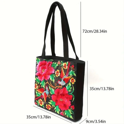 Ethnic Floral Embroidered Canvas Tote – Large Capacity Shoulder Bag for Women