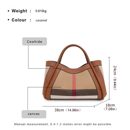 Retro Checkered Handbag – Large Capacity Canvas & Genuine Leather Tote for Women