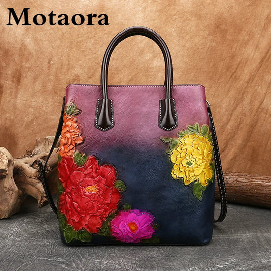 MOTAORA Vintage Floral Bucket Bag – Handmade Embossed Leather Shoulder Tote for Women