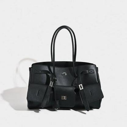 Black Genuine Leather Lock Tote – Trendy Winged Shoulder Bag for Women’s Daily Commute