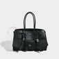 Black Genuine Leather Lock Tote – Trendy Winged Shoulder Bag for Women’s Daily Commute
