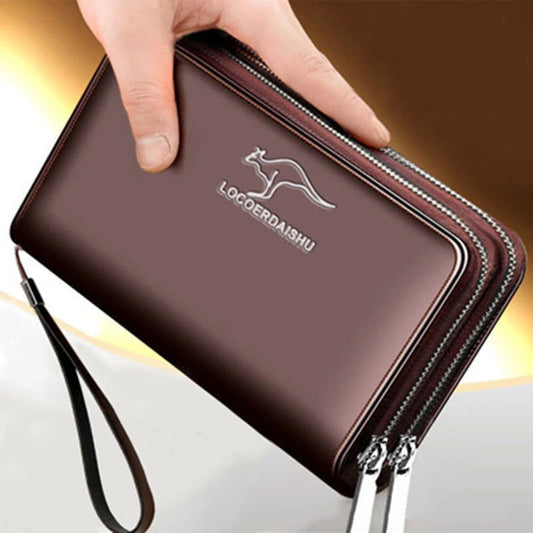 Men’s Leather Business Wallet – Double Zipper Clutch with Large Capacity