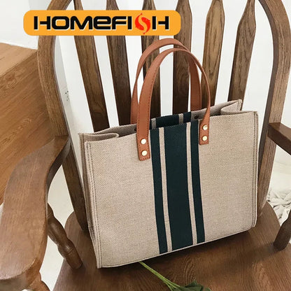 Large Capacity Canvas Handbag – Striped Design