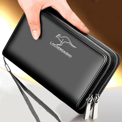 Men’s Leather Business Wallet – Double Zipper Clutch with Large Capacity