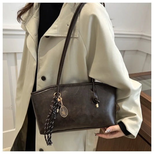 Y2K Solid Leather Tote – Large Capacity Work Shoulder Bag for Women