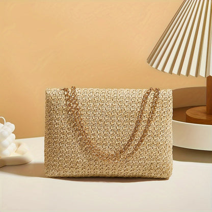 Woven Straw Shoulder Bag – Handwoven Solid Color Crossbody Purse with Lock Closure